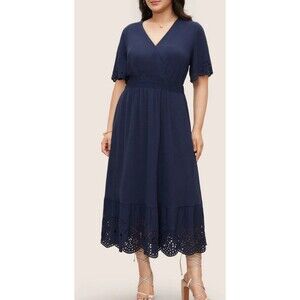 Bloomshic Dress Women's Plus 22/24 Shirred, Polyester, Maxi ,Navy Blue.